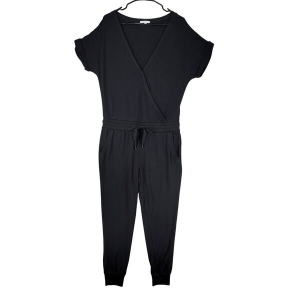Z Supply The Wrap Front Jumpsuit S Women Black Jogger Jersey Knit Stretch Vneck - Picture 2 of 14